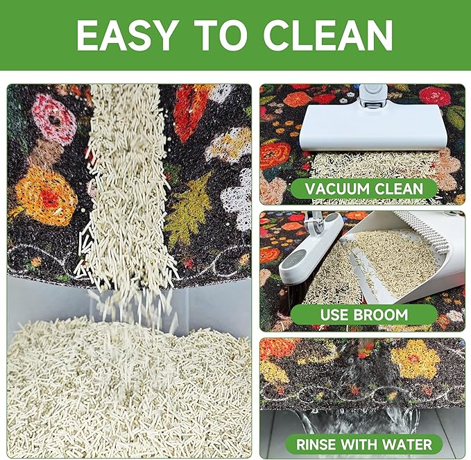 Cat Litter Mat, 35" x 23" Litter Box mat, Traps 100% Litter, Non-Slip Kitty Litter Trapping mats, Large Cute Litter mat, Easy Clean for Scatter Control, Bohe cat Food mat, Urine Waterproof