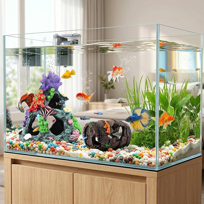 MyLifeUNIT Fish Tank Decor, 2 Pack Artificial Aquarium Coral Reef Rock Decorations for Betta, Goldfish to Breed, Play, Hide and Rest (Coral Reef Mountain+Starfish Wooden Barrel)