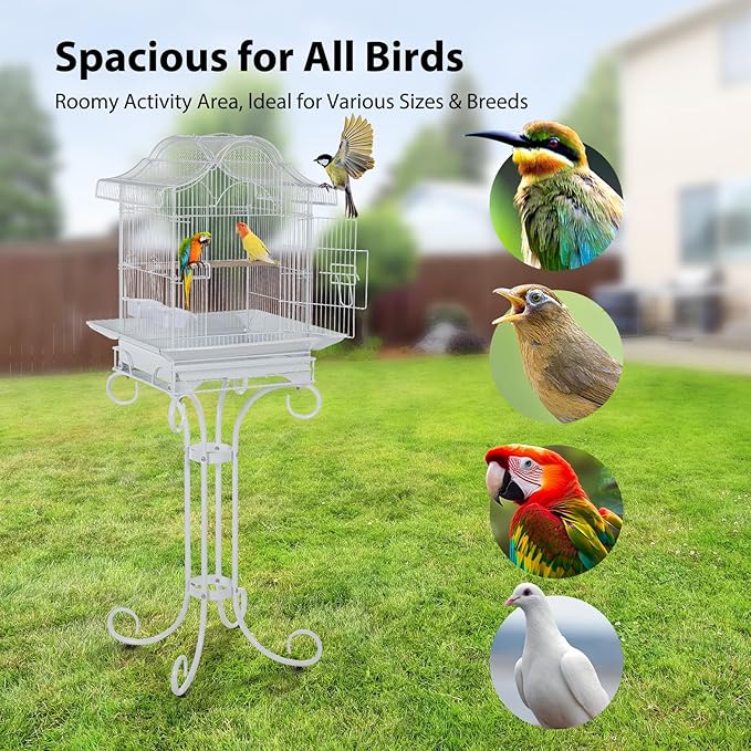 58" Vintage Scrolled Bird Cage - Heavy-Duty Metal with Rust-Resistant Coating, Parrot Cage with Slide-Out Tray, Stand, Perch & Bowls, Victorian Bird Aviary for Cockatiel, Parakeet, Finch & Lovebird