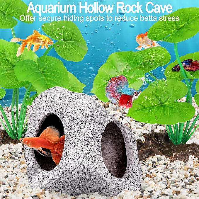 MyLifeUNIT Fish Tank Decor, Silk Aquarium Plants and Hideaway Rock Cave Decor for Betta Fish Tank Accessories, Goldfish, Turtle Tank Decorations