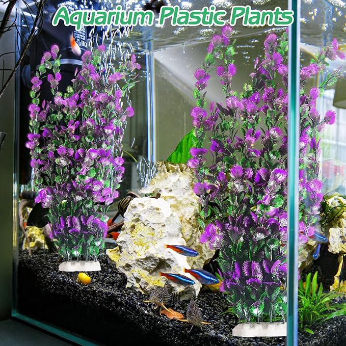 Hamiledyi Purple Green Serrated Leaf Tall Aquarium Plastic Plants Artificial Fish Tank Plant Aquarium Decor Extra Large Lifelike Aquatic Plant Suitable for Saltwater and Freshwater 27.5-inch Tall 2Pcs