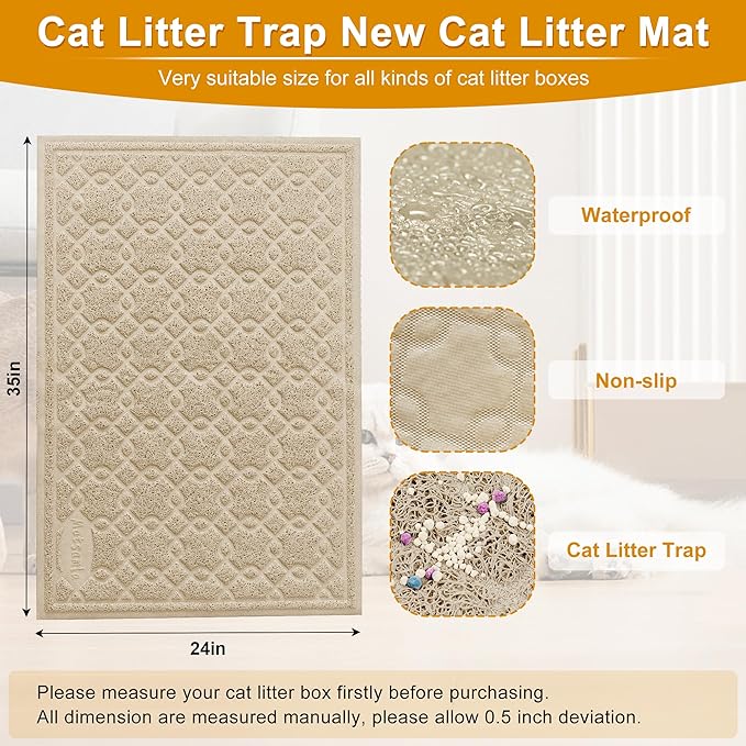 Cat Litter Box Mat, 35" x 24" Large Kitty Litter Trapping Mat Keep Floor Clean, Litter Box Mat Scatter Control, Waterproof, Easy to Clean, Durable Large Size Litter Mats for Floor