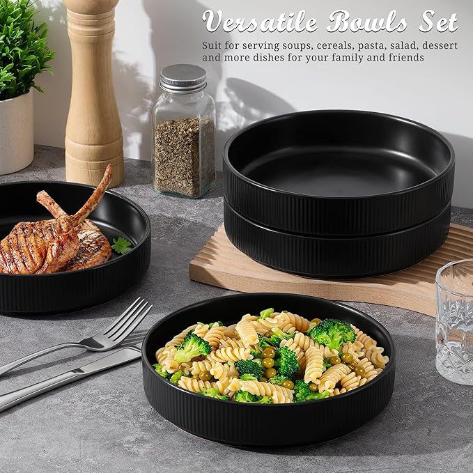 E-far Pasta Bowls Set of 4, 35oz Large Salad Bowl Plate for Dinner Serving Soup, Wide & Shallow Ceramic Stoneware Pasta Plates, Microwave & Dishwasher Safe, Reactive Glaze Texture-Stripe, Matte Black