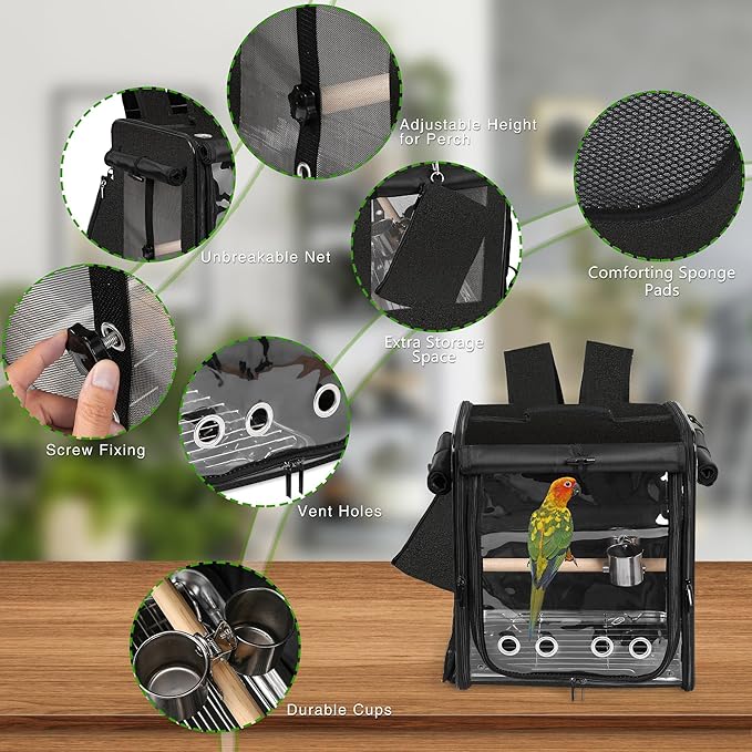 Bird Carrier with Seat Belt for Car Travel, Bird Backpack Carrier with Indestructible Stainless Steel Mesh, Large Bird Carrier Travel Cage, Black