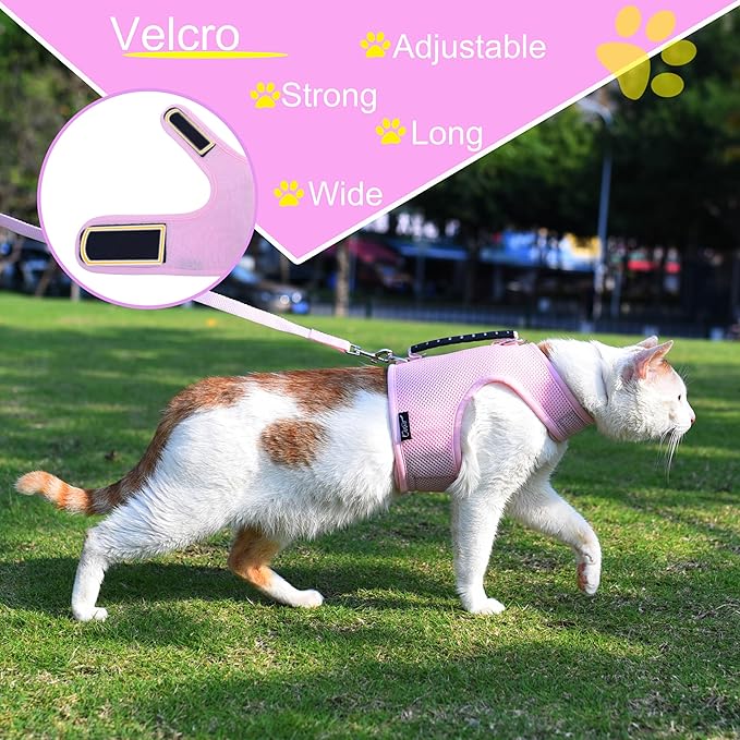 Cat Harness and Leash for Walking Escape Proof Breathable Mesh Fabric, Solid Pink, Large, Adjustable Cat Walking Jackets with Handle, Padded Stylish Cat Vest