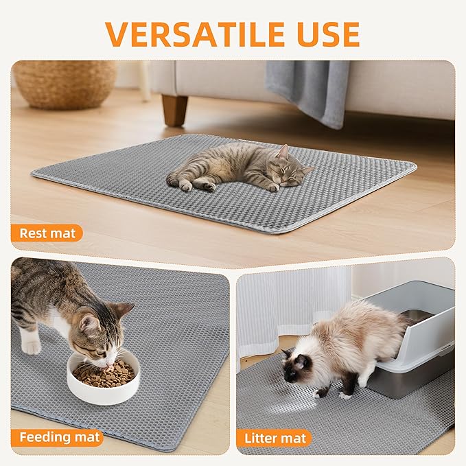 Large Cat Litter Mat for Litter Box, 47"×33" Double Layer Trapping Mat, Non-Slip Water Proof Kitty Litter Pad, Grey