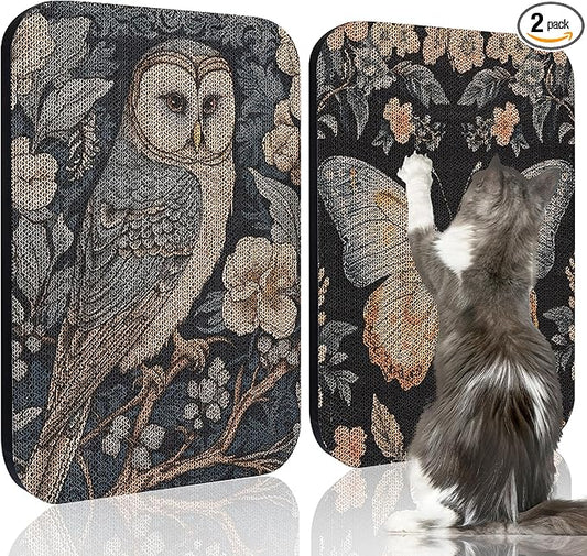 2 Pack Art Cat Scratcher, Wall-Mountable Cat Scratch Pad, Cat Wall Scratcher 16.7x11x1 Inch Cat Scratching Board for Indoor Cats Toy (Owl & Butterfly)