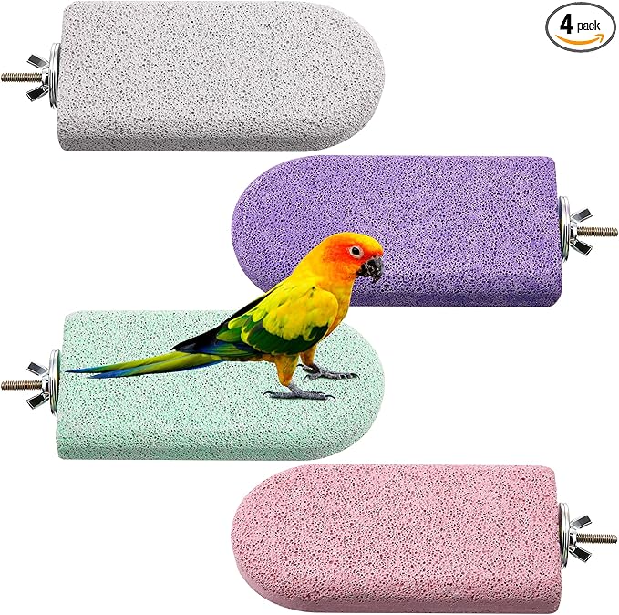 4 Pack Bird Beak Grinding Stone, Pumice Lava Ledge for Birds, Chinchillas, Hamsters, Parrots, Bird Perch Stand Climbing Ledge, Teeth & Beak Grinding Block(Long)