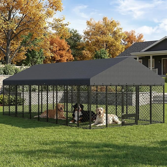 10x20FT Outdoor Dog Kennel with Roof, Extra Large Heavy Duty Metal Dog Enclosure for Multiple Dogs, Secure Playpen with Lockable Gate & Feeding Door, Weather-Resistant Fence Run