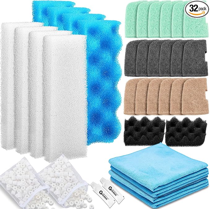 Threlaco 32 Pcs Filter Media Compatible with 306/307 Filters, Aquarium Replacement Maintenance Kit Including Biological Sponge, Ammonia/Phosphate/Nitrite Remover Pad, Aquarium Towel, Grease