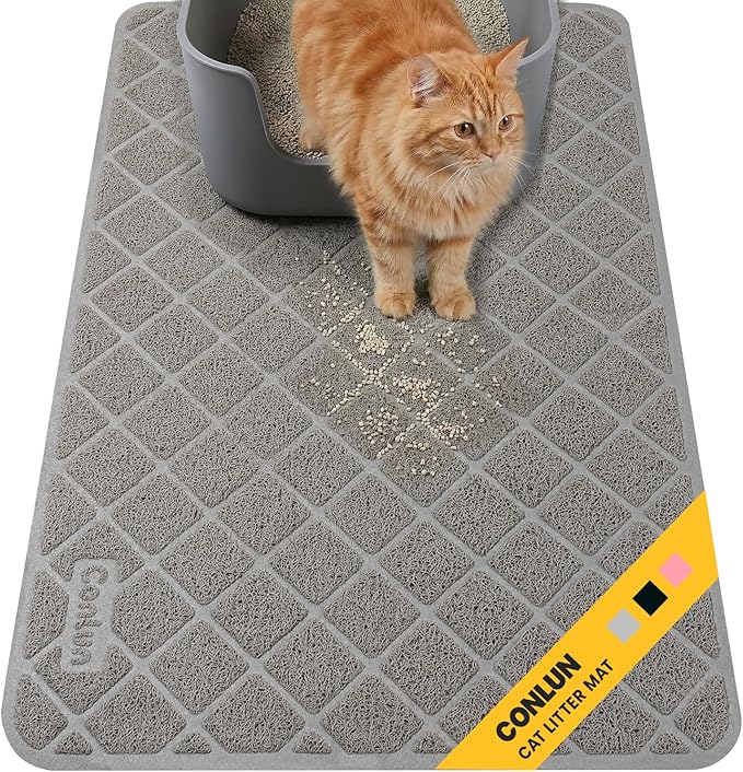 Conlun Cat Litter Mat Litter Trapping Mat, Premium Durable PVC Grid Mesh with Scatter Control, Non-slip, Less Waste Cat Litter Box Mat, Soft on Kitty’s Paws, Urine Waterproof, 24" x 17" Grey