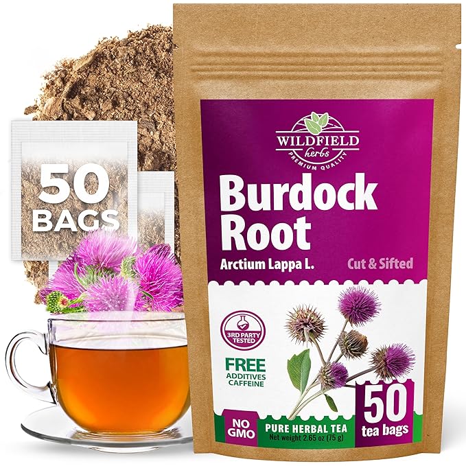 Wildfield Herbs 50 Bags Burdock Root Tea Herb Dried Burdock Root Tea Herb (Arctium Lappa Root) - 50 Count 1.5g Bags Bardana