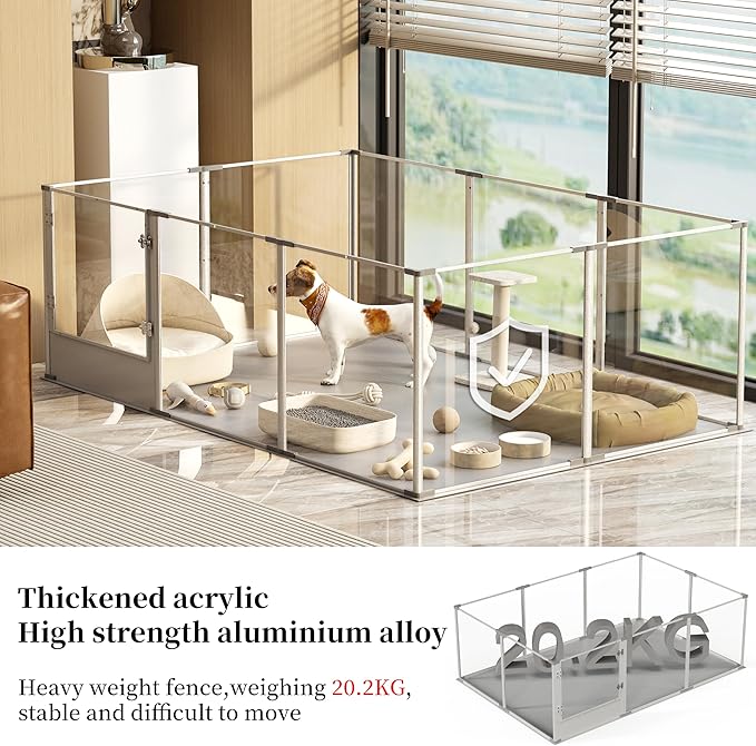 BingoPaw Clear Dog Playpen Fence: 10Panels Indoor Transparent Whelping Box Pen Cage with Waterproof whelping pad - Extra Long Acrylic Exercise Kennel with Metal Frame for Doggy Bunny Small Animal