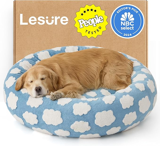 LE SURE Shown on TV Donut Dog Beds Extra Large Sized Dog - Round Pet Beds for Calming Puppy with Washable Cover, Orthopedic Modern Beds with Jacquard Shaggy Plush & Anti Slip Bottom, 42 Inch，Blue
