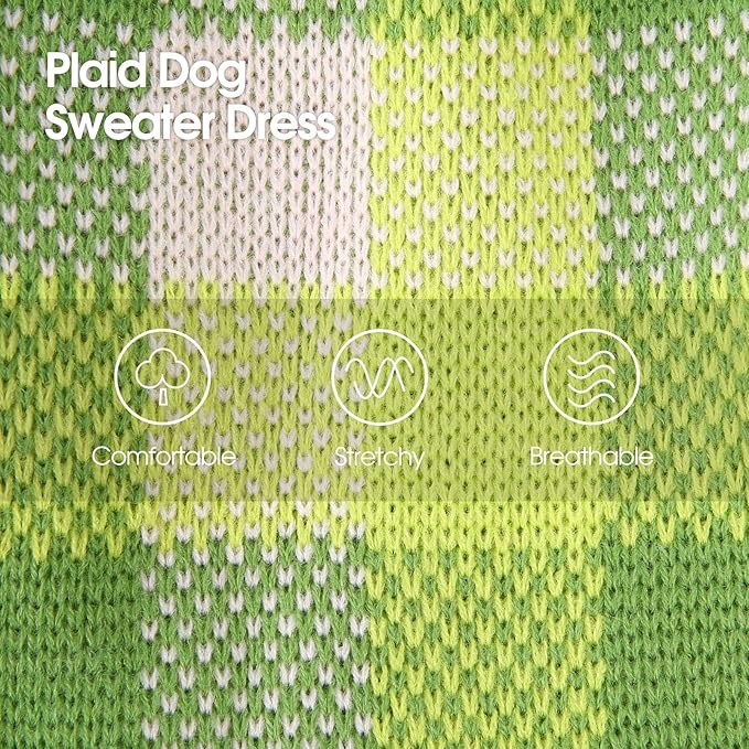 Dog Sweater Dress Plaid Knitwear for Small Medium Dogs Warm Puppy Pet Turtleneck Stretch Pullover Cute Fall Winter Vest Clothes with Leash Hole for Christmas (Green, L)