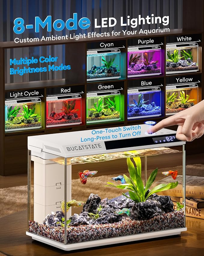BUCATSTATE 2.6 Gallon Small Fish Tank, 3 Stage Filtration Aquarium (White) | Independent Waste Compartment Aquarium, Quiet 3 in 1 Pump, Real-Time Temp Display, 8-Mode LED Light, Multi Safety Protection