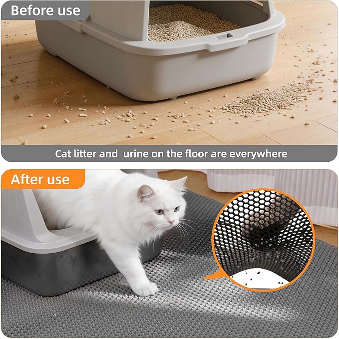 Large Cat Litter Mat for Litter Box, 47"×33" Double Layer Trapping Mat, Non-Slip Water Proof Kitty Litter Pad, Grey