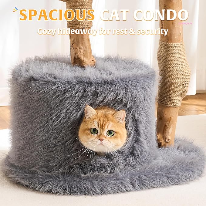HITTITE Natural Wood Cat Tree Tower with Scratching Post, 40 Inches Tall Modern Cat Tower with Cozy Bed and Condo, Luxury Real Branch Cat Tree for Indoor Cats Large Adult, Grey.