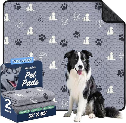 WanpeeGoo Washable Pee Pads, Puppy Pee Pad for Dogs, 2 Pack Absorbent Reusable Training Dog Pads Pet Puppy Pads, Non-Slip Potty Pads for Whelping, Playpen, Crate, Bed, Grey 32"x63"