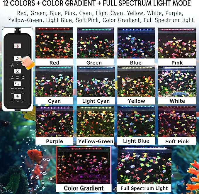 24/7 LED Aquarium Light for 8-12 Inch Plant & Fish Tank, 12-Color & Gradient & Full Spectrum with Auto On/Off, Brightness, Sunrise-Daylight-Moonlight, Extendable Brackets for Freshwater IP68
