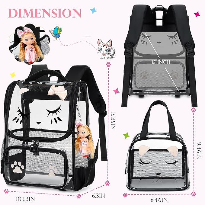 AO ALI VICTORY clear backpack Girls with Tote Bag Heavy Duty PVC Transparent Cute Backpack for Kids Toddler Preschool Bookbags Elementary School Bags See Through Casual Travel Daypack, Balck Set