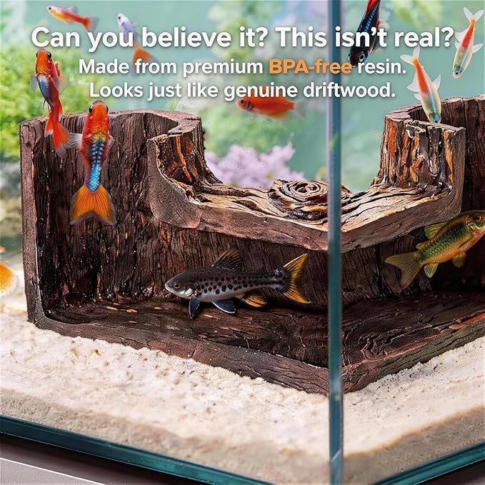 Aquarium Cave - Natural Resin Wood-Like Fish Tank Decorations & Accessories, 5.1" x 2" x 2.7" Safe Betta Hide & Tunnel for Guppy, Neon Tetra, Corydoras Catfish - Stackable Corner Ornament