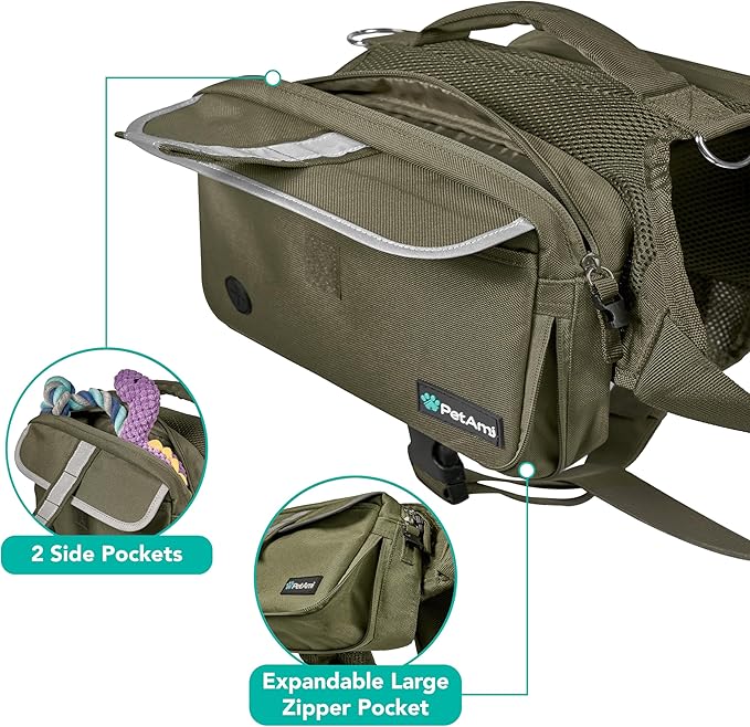 PetAmi Dog Backpack for Medium & Large Dogs, Saddle Bag for Dogs to Wear for Hiking, Pet Backpack Harness Dog Pack with Reflective Side Pockets for Walking Running.