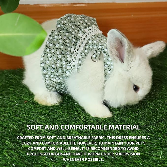 SMOLKITH Rabbit Clothes - Bunny Adjustable Green Floral Dress with Leash, Small Animal Apparel for Walking - Fits Guinea Pigs, Chinchillas, Meerkats, Prairie Dogs, Pet Rats and More