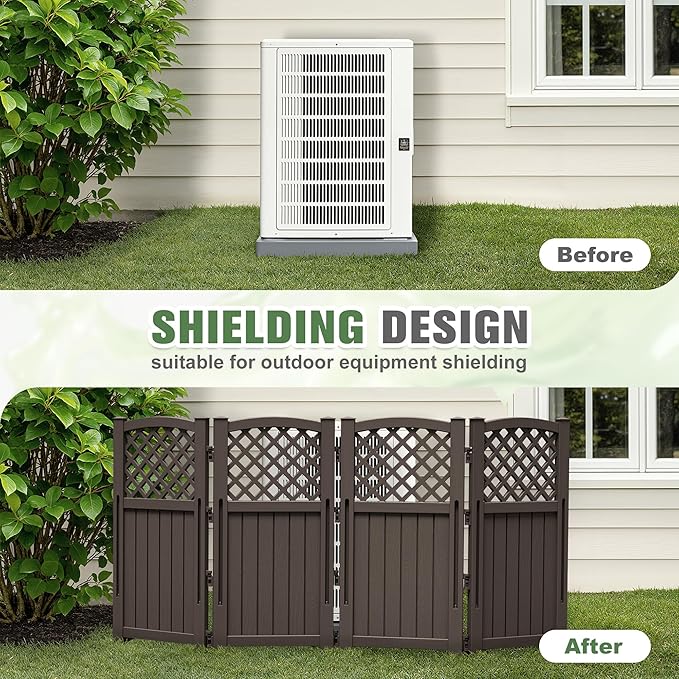 Greesum Air Conditioner Privacy Fence Screen, 4 Panels Trash Can Enclosure, 49.45" H x 22.62" W, Weather Resistant for Outdoor Pool Equipment, Garbage Bins, Brown