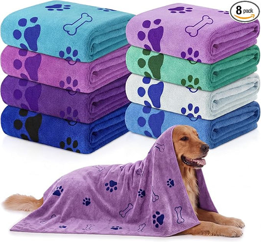 Chumia 8 Pcs Dog Towels for Drying Dogs Cats Pet Towels Bulk Puppy Microfiber Fast Drying Paw Bath Bathing Supplies Absorbent for Medium Pets(55 x 28 Inch,Dog Paw and Bone,Classic Color)