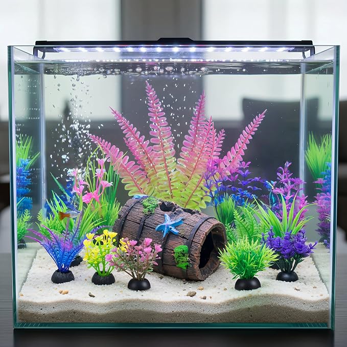 Ameliade 11 Aquarium Plants & Fish Tank Broken Barrel Cave Decorations Set | Broken Barrel Cave and Soft Artificial Plastic Plants Decor Accessories for Betta Goldfish Tank, Small Fish Bowl Ornaments