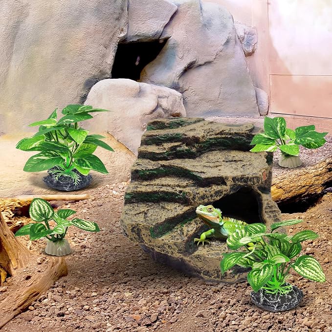 GOZILLA Silk Fish Tank Plants,Reptile Artificial Plant,Reptile Plants for Terrarium,Aquarium Decorations Accessories Set,Resin Pedestal Silk Aquarium Plant for Fish Tank.(4PCS/B-Set)
