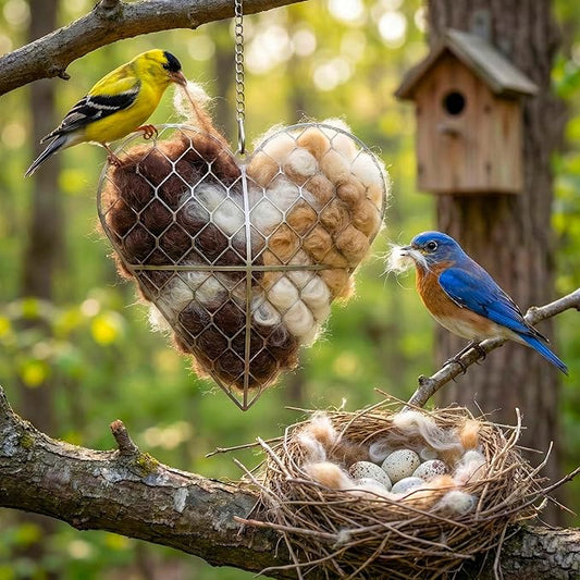 Handmade Alpaca Fiber Bird Nesting Heart - Refillable Heart Shape with Nesting Material, Winter Shelter for Wild Birds & Hummingbirds, Garden Decor Gift for Bird Lovers (1 Set)
