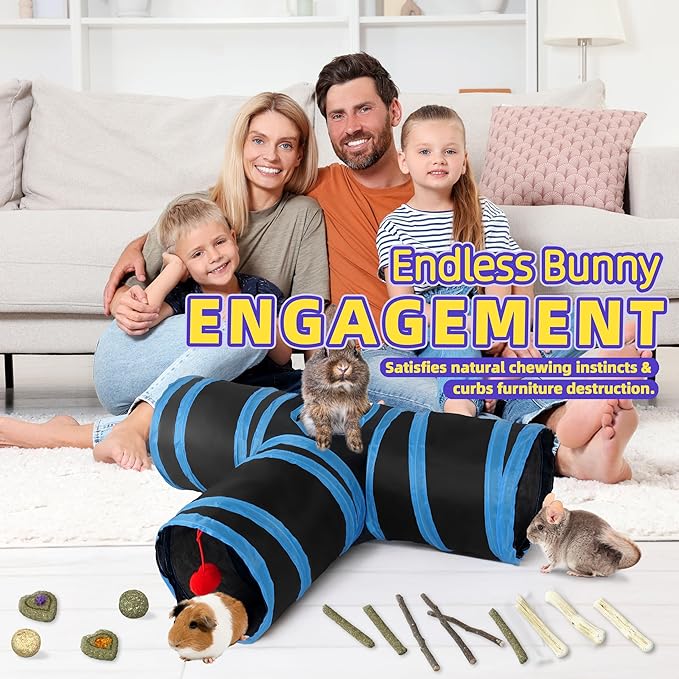 Bunny Tunnels & Tubes Collapsible 3 Way Rabbit Hideout with 13pcs Toys for Bunny Guinea Pig Hamster Chinchilla Hedgehog Rat Ferret Kitten (BK&BU)
