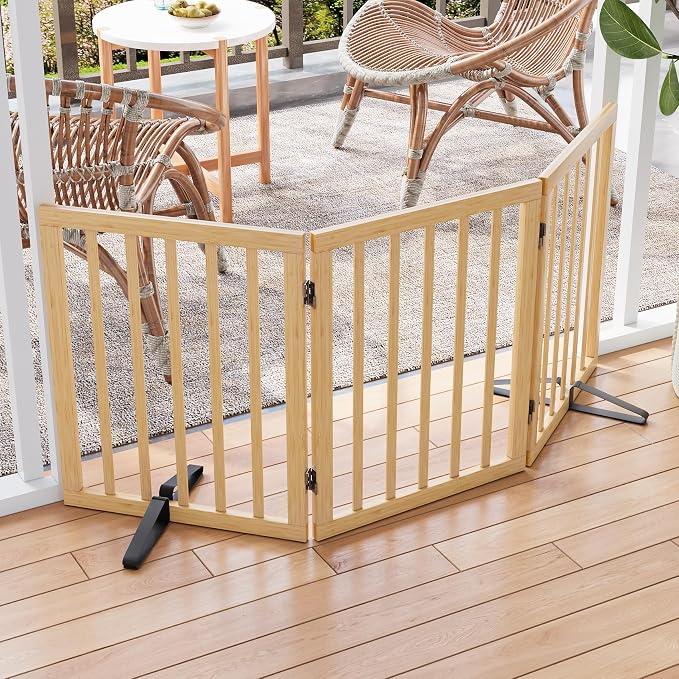 Semiocthome Bamboo Freestanding Dog Gates for Doorways, 3-Panel Indoor Puppy Gates for The House with 2 Metal Stands, 24"(H) Folding Pet Gate for Stairs Expands Up to 55"(W) No Installation Resquired