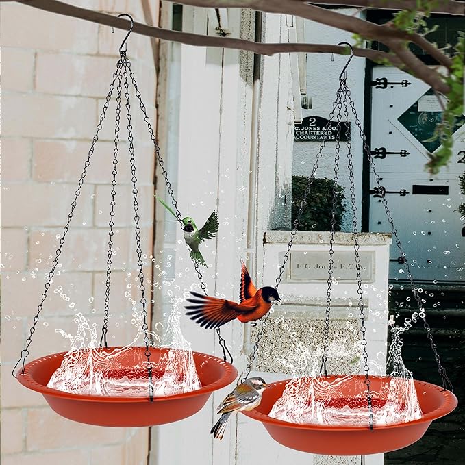 OVZILKI Bird Baths for Outdoors Heavy Duty, 10 inch BirdBath Bowl Only with Rust-Proof Black Chains, Hanging Bird Bath Hanging Bird-Feeder for Garden Backyard Decor (Terracotta 1 Pack)