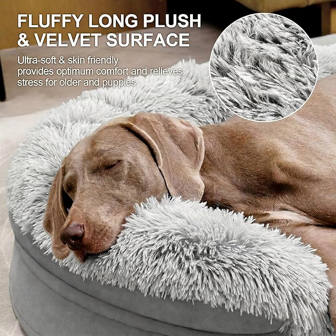 iweepet 3.7 inch Thickened Orthopedic Dog Beds for Large Dogs, Fluffy Supportive Dog Sofa Bed with 28D Egg-Crate Foam, Removable Washable Plush Cover, Waterproof Lining, Cozy Oval Design, Grey