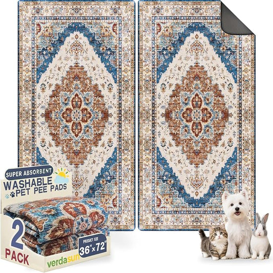 Washable Pee Pads for Dogs, Reusable Puppy Potty Training Pads, Ultra-Absorbent Thick Waterproof Leak-Proof Non-Slip Pads & Mat for Crate, Playpen, Floor, Whelping & Housebreaking , 2 Pack 36"x72"