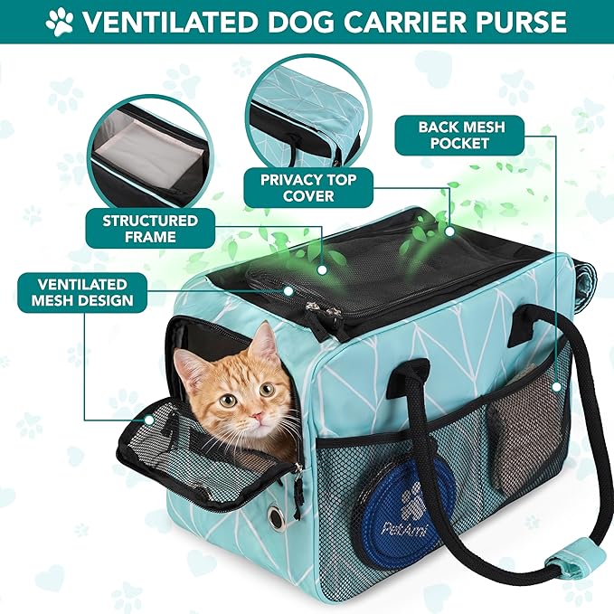 PetAmi Dog Purse Carrier for Small Dogs, Airline Approved Soft Sided Pet Carrier with Pockets, Ventilated Dog Carrying Bag for Puppy Cat, Dog Travel Supplies Bag, Sherpa Bed, Max 12 lbs, Chevron Teal