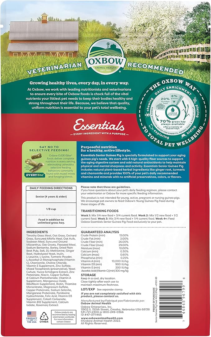 Oxbow Essentials Senior Guinea Pig Food, Made with Oxbow Alfalfa for Guinea Pig, Pet Food Pellets with Vitamin C, Small Animal Pet Products, Made in USA, High Fiber, 4 lb. Bag