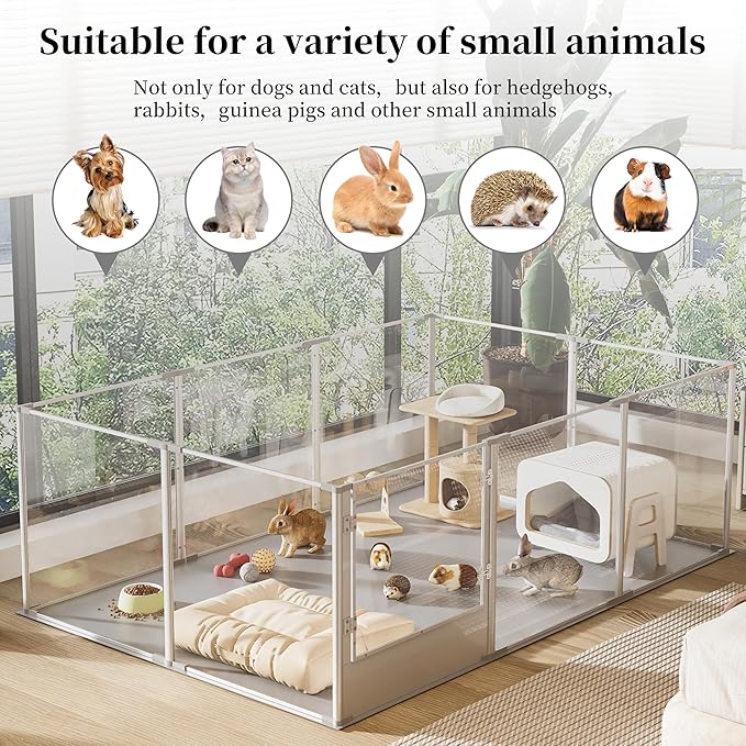 BingoPaw Clear Dog Playpen Fence: 10Panels Indoor Transparent Whelping Box Pen Cage with Waterproof whelping pad - Extra Long Acrylic Exercise Kennel with Metal Frame for Doggy Bunny Small Animal