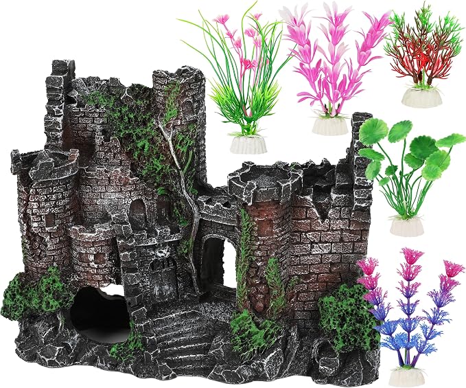 MyLifeUNIT 6 Pieces Fish Tank Decor & Plants for Betta Hide Play Rest | Medieval Ruin Castle, 5 Colorful Aquarium Plants, Resin & Soft Plastic, Weighted Bases, Fits 5-15 Gal Tanks