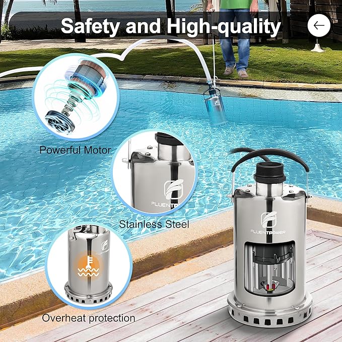 FLUENTPOWER 3/4HP Submersible Sump Pump, 3300GPH Stainless Steel Utility Water Pump, Manual Control with 26-Foot Cord for Pool Tub Garden Pond Basement Flood Cellar Draining