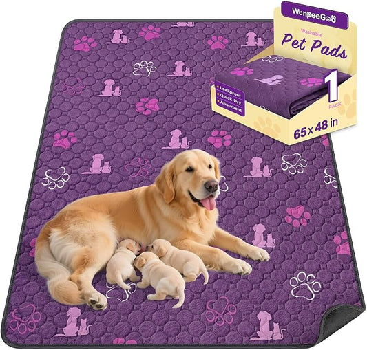 WanpeeGoo Washable Pee Pads for Dogs, 1 Pack Absorbent Reusable Training Dog Pads Pet Puppy Pads, Non-Slip Potty Pads for Whelping, Playpen, Crate, Bed, Purple, 65"x48"