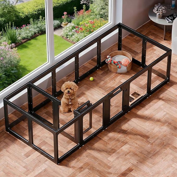 Transparent Indoor Dog Playpen with Safety Lock, Indoor Dog Fence for Small & Medium Pets | Secure, Stylish, Easy Clean Play Pen for Dogs & Pets with Scratch Resistant Panels (Black, 16 Panels)