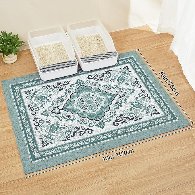 Unicorn Catcher Cat Litter Mat 40" x 30" Non-Slip Litter Box Mat Washable Litter Catcher Mat for Litter Box Indoor Food Mat Supplies Essentials, Dark Cyan
