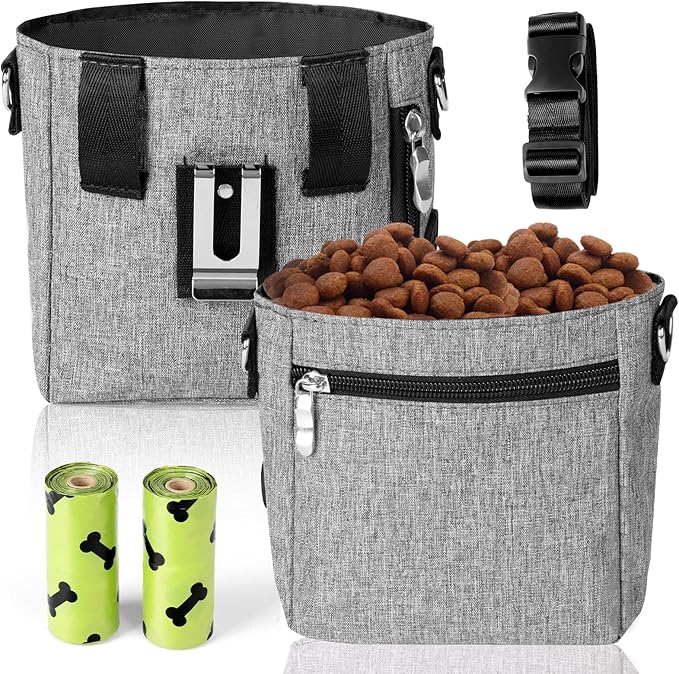 Dog Treat Pouch with Magnetic Closure - 3 Ways to Wear Dog Training Treat Bag with Waist Belt, Shoulder Strap & Metal Clip, Built-in Poop Bag Dispenser, Hands-Free Dog Training Treat Pouch