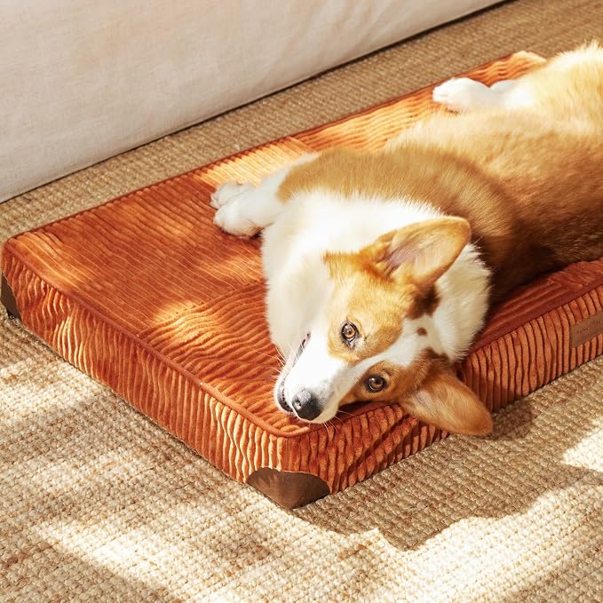 FUKUMARU Dog Bed, Thickened Corduroy Orthopedic Dog Beds with Washable Cover, Large Waterproof Dogs Bed for Crate, 28D Egg Crate Foam Support Pet Mat, Cozy Pet Bed Pad with Anti-Slip Bottom, Orange