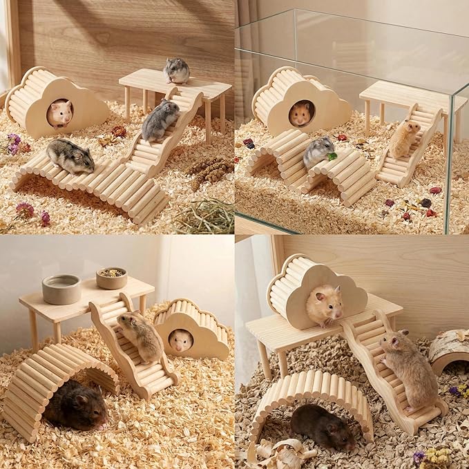 4 Pcs Hamster Platforms Wooden Ladder Bendy Bridge Fence Hidden Play House Hamster Game Climbing Toy with Platform Decor Cage Accessories for Dwarf Syrian Mice Degus Gerbils Squirrel Small Pets