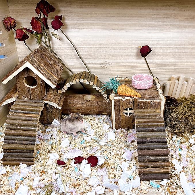 Natural Wooden Hamster Tunnel Playground Small Animal Multi-Room Hideout Houses with Climbing Ladders and Bridges for Dwarf Hamster Mice Gerbil (18.5x8.7x6in)